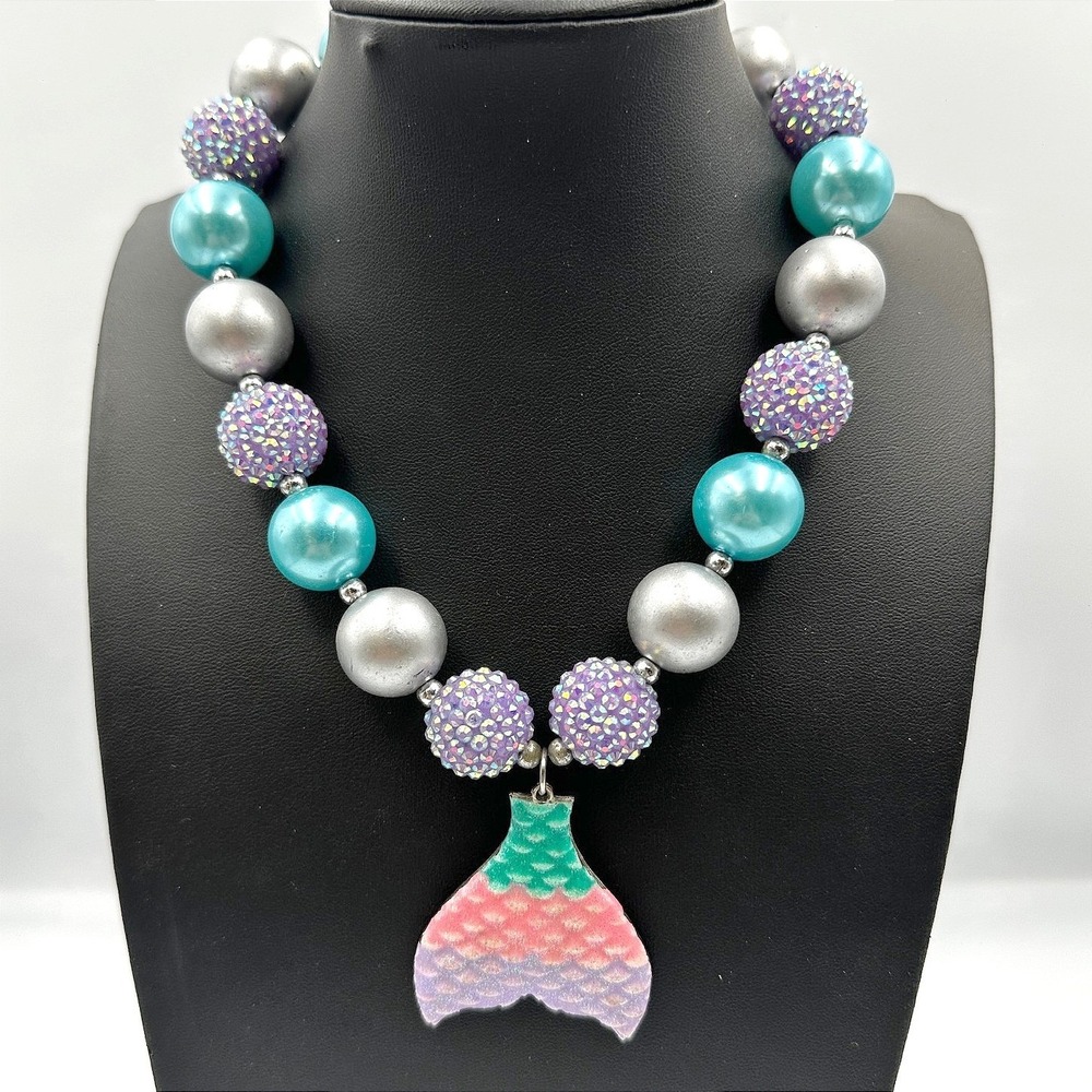 Vintage Chunky Bubblegum Bead Mermaid Tail Necklace Aqua Purple Kid Jewelry Gift